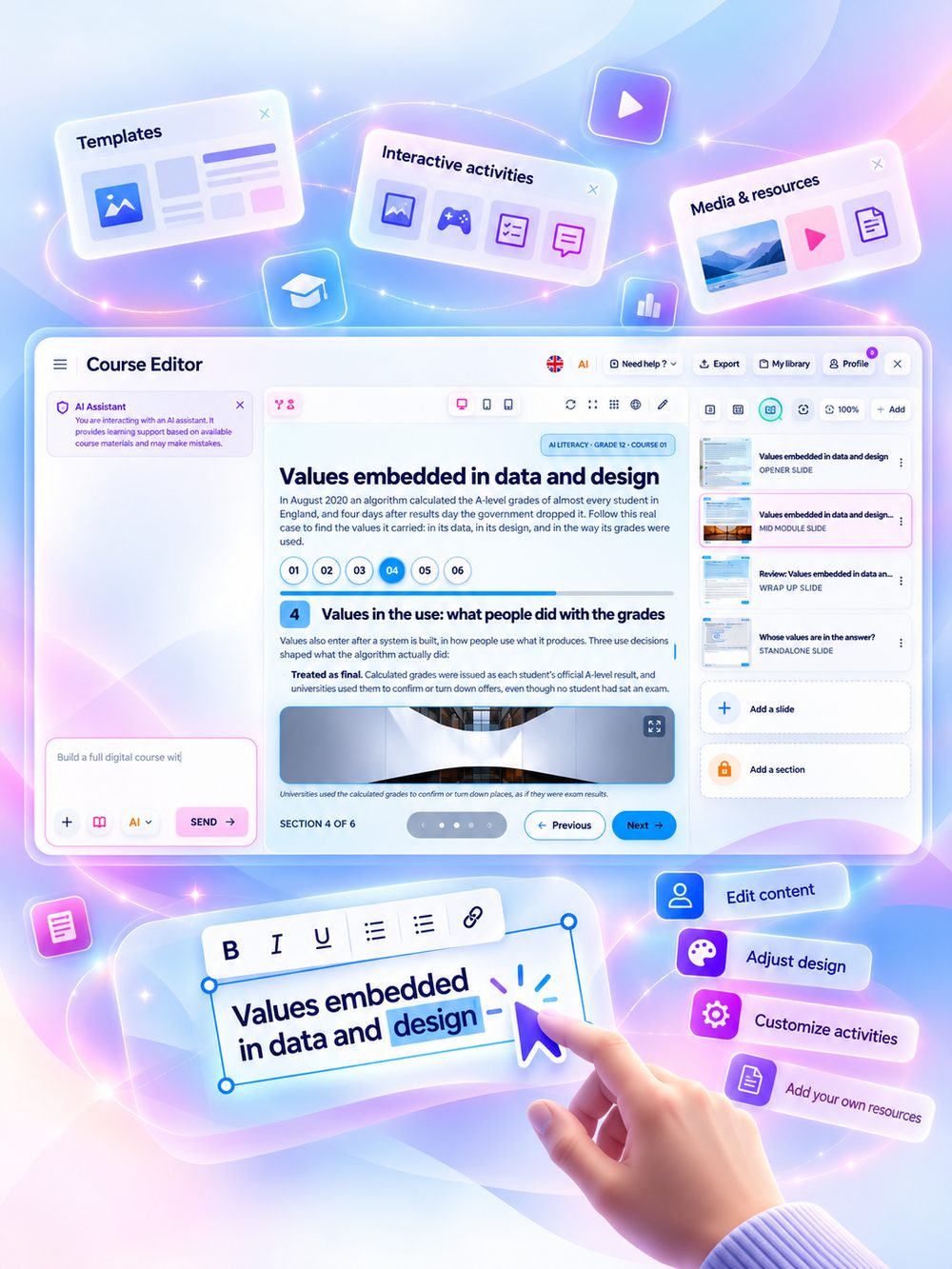 The Mexty course editor with templates, interactive activities, media and resources, and editable content