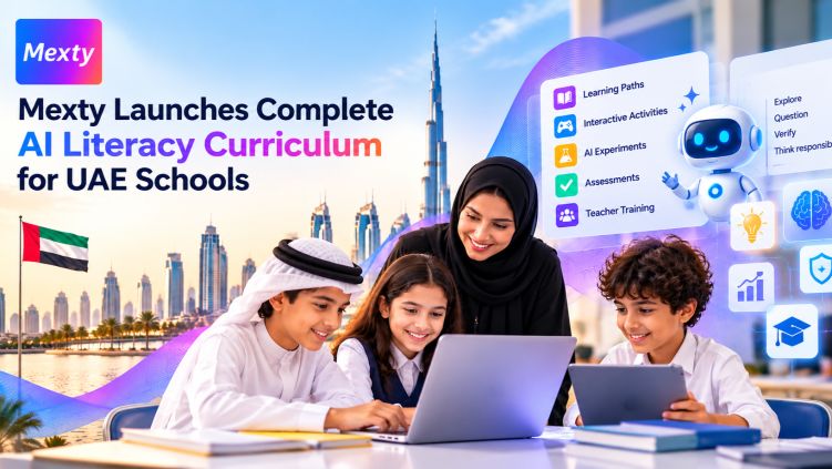 Press release banner: Mexty Launches Complete AI Literacy Curriculum for UAE Schools