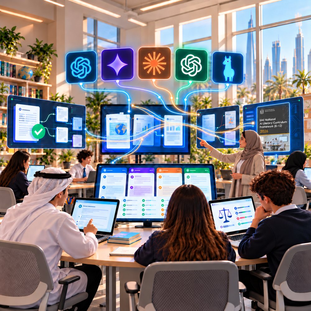 A bright classroom where students work on laptops, AI model logos float above, and a teacher in a hijab points at a screen showing the UAE National AI Literacy Curriculum Framework (K-12) 2026