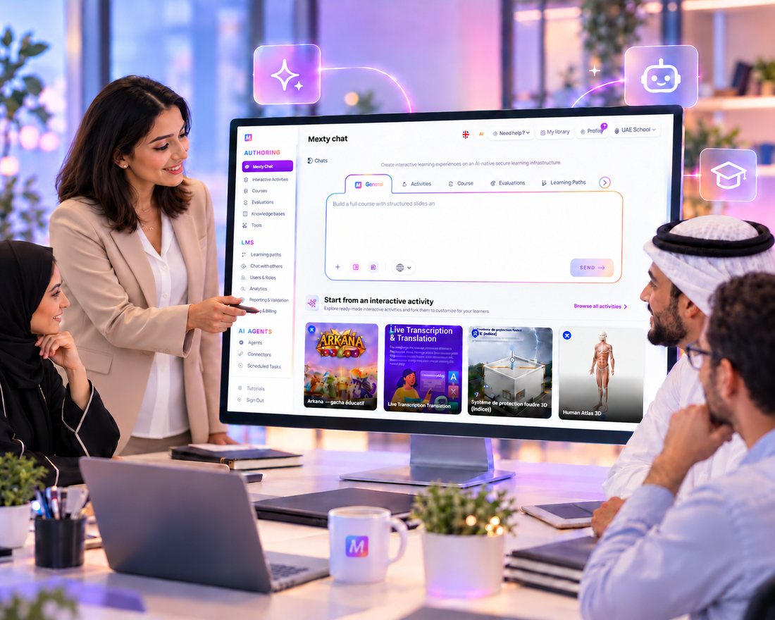 Teachers in a UAE school gathered around a screen showing Mexty chat and interactive activities