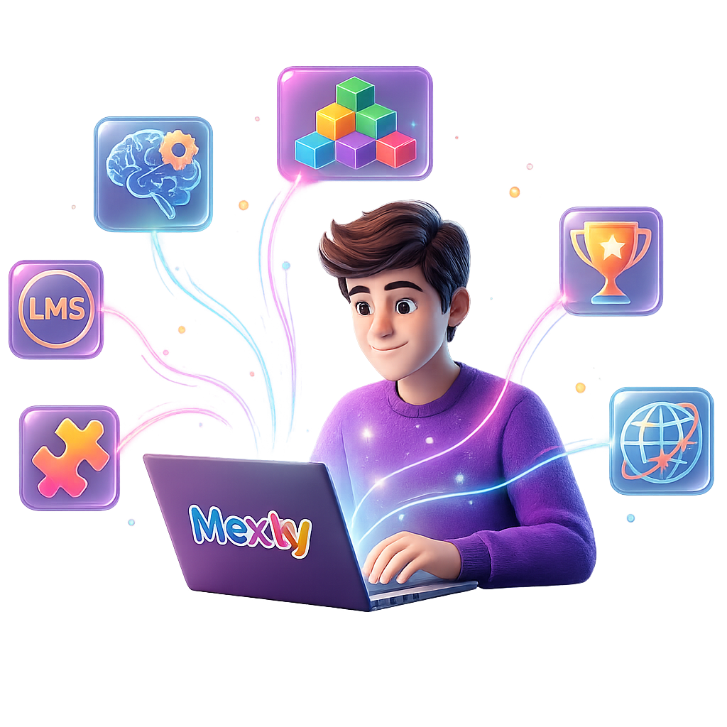 Character with Laptop and Floating Icons - Mexty AI Authoring Platform